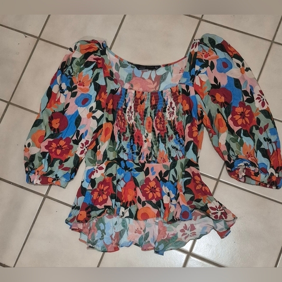 Zara Orange and Blue Smocked Peplum Blouse with Bell Sleeves - Picture 3 of 6